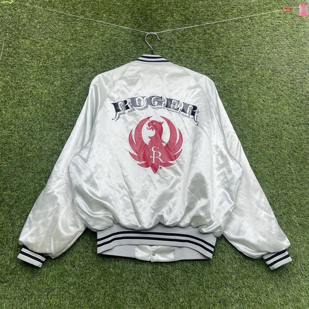 Vintage 80s Dunbrooke Ruger Satin Jacket Mens Large Gray Snap Bomber Snap